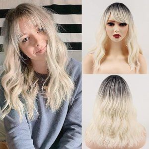 Platinum Blonde & Black Wig With Bangs Synthetic Heat Resistant Wig 18 " New